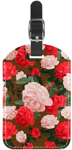 1 lot d'étiquettes de bagage pour valise, LVTISEE vintage, rouge, rose, fleurs de camélia, en cuir synthétique, avec protection de l'intimité pour les voyages