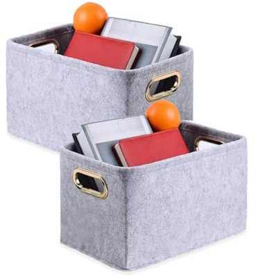 Kaizuca 2 Piece Felt Fabric Baskets, Toy Organiser Cube, Felt Storage Box, Foldable, with Two Handles, for Clothes, Towel, Toiletry, Baby Products, Books(grey)