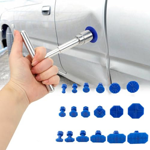 Kit de Réparation de Bosses pour Voiture,Kit Débosselage sans Peinture,Kit de Debosselage Carrosserie avec 18 Ventouses Bleu et Marteau de Barre en T,Convient pour Réparer Les Bosses sur Les Voitures