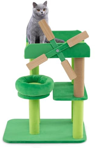 GOPLUS Katzenbaum, Kratzbaum klein mit Kratzstange, runder gepolsterter Plattform, breiter oberer Liegeplatz mit Antikipp-Schutz, Katzenkratzbaum in Windmühle-Form für Katzen, 50 x 34 x 60 cm, Grün
