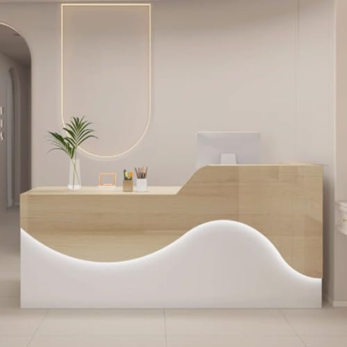 GUQASDV Empfangstheke Rezeption, Empfangstresen für Praxis, Reception Desk Modern, Bürotheke Reception Tisch Holzwerkstoff mit Sanfter und Entspannender Beleuchtung(White+Natural,140cm)