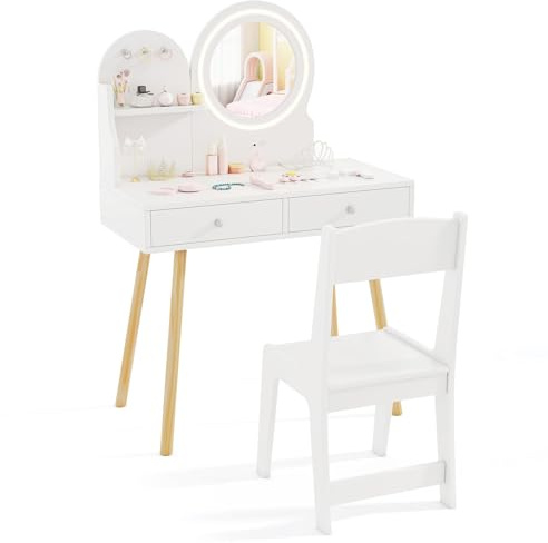 COSTWAY Kids Dressing Table, Girls Vanity Set with Stool, 2-Color LED Lights Mirror, Drawers, Storage Shelf and Hooks, Make Up Pretend Dresser Desk Chair Set