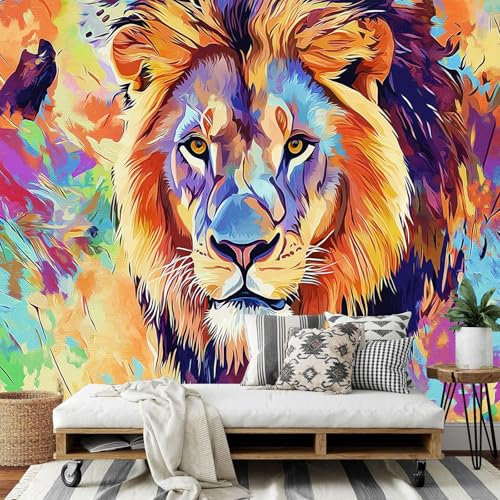 Fototapete 3D Effekt 200x140cm - Bunter Löwe Fototapeten für Wandbild Wohnzimmer Schlafzimmer Flur Afrikanische Tiere Modern Tapete Seidenstoff Wandtapete Motivtapeten
