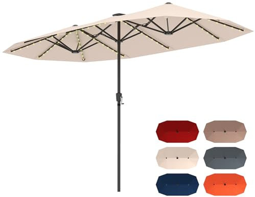 GYMAX Ombrellone Doppio da Giardino 4x2 M, con Manovella, LED ad Energia Solare, 12 Stecche, Parasole Rettangolare, per Piscina, Cortile, Terrazzo Mercato (Beige)
