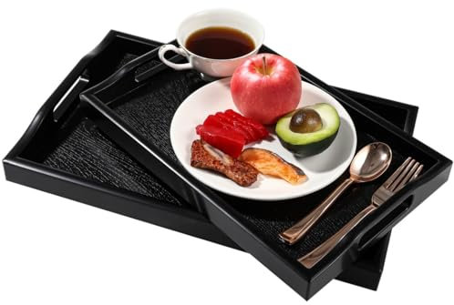 yeeplant - Juego de 2 bandejas rectangulares para servir de plástico, con asas, bandeja decorativa de aspecto de madera para cocina, aperitivos y desayuno