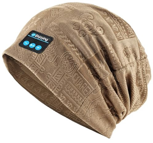 fesoklaf Summer Bluetooth Beanie Hat Headphones for Men with Ponytail Hole Wireless Music Slouchy Beanie Cap Sports Headset with Mic (E380-Khaki)