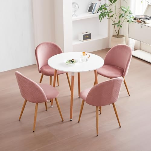 JZGORC Conjunto de Comedor, Mesa y Sillas, Incluye 4 Sillas de Terciopelo con Respaldo Alto, Mesa de Comedor Redonda de Madera, 80 x 80 x 75 cm, Rosa + Blanco