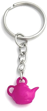 FizzyButton Gifts Hot Pink Acrylic Teapot Charm Keyring Key Ring with Silver Tone Keychain