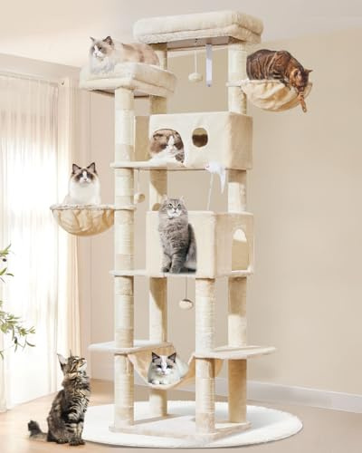 Taoqimiao Tall Cat Tree, 193cm Large Cat Tree for Indoor Cats Cat Tower | floor to ceiling cat tree with 8 Scratching Posts, 2 Cat Condo, Hanging Baskets, Hammock, MS046M Beige