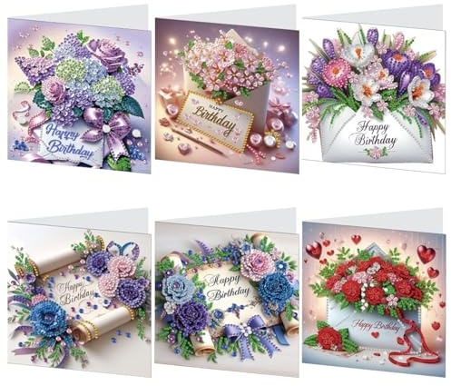 Ferakum Diamond Painting Blumen Karten Set 6 Stück 5D Geburtstag mit Umschlag Set Adventskalender Diamant Malerei Grußkarte DIY Geburtstagskarten Diamond Art Painting Karten für Freunde Familie (02)