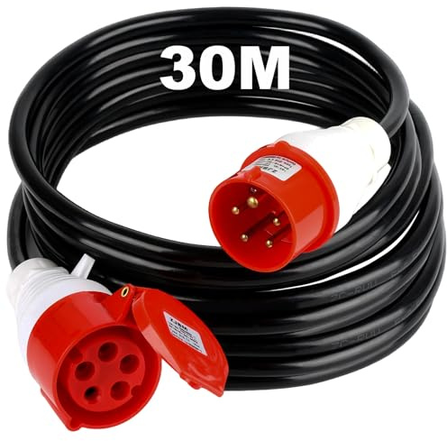 TEOV CEE Verlängerungskabel 30M, IP44 5G 2,5mm² Starkstromkabel Gummi, 400V 16A CEE Starkstromkabel für Baustellen Gewerbe Außenbereich Landwirtschaft