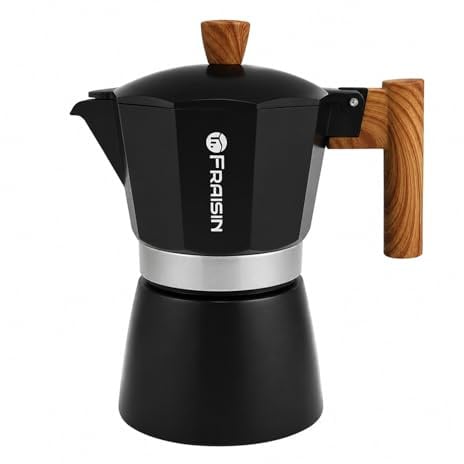 FRAISIN Stovetop Espresso Moka Pot Coffee Maker, Non-slip Wood Grain Handle, Cast Aluminum, Compatible with Gas, and Electric Stoves (Black, 3 cups)