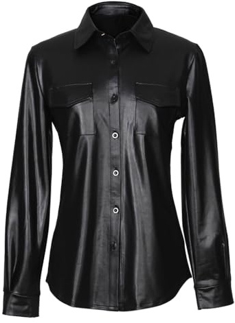 Sorrica Womens Sexy Shiny Metallic PU Faux Leather Nightclub Styles Long Sleeves Button Down Shirts Top