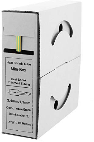 Offgridtec 10m Schrumpfschlauch mit Kleber 2,4mm>1,2mm Schrumpfrate, Dual-Wand, Halogenfrei, Flammhemmend, Wasserdichte Kabelisolierung, Leicht zu Schneiden, Inklusive Spenderbox, gelb/grün