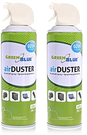 Green Blue Druckluftspray Set 2 x 400ml | Air Duster mit Pistolen-Zerstäuber & Sprühröhrchen | FCKW-frei zur kontaktlosen Reinigung von Elektronik Tastaturen Kameras u.v.m.