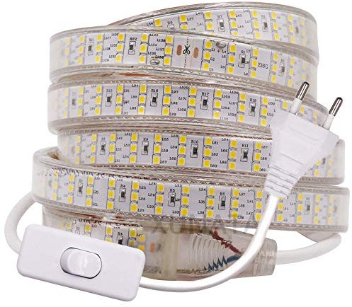 XUNATA Super Luminoso Striscia LED con Interruttore, 220V SMD 2835 276 LEDs/m, IP65 Impermeabile, Flessibile Striscia a LED per Scaletta Tetto Cavi da Cucina Decorazione- 5m, Bianco