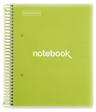 Miquelrius - Taccuino A5 Emozioni, 120 Fogli 90 g/m², Righe Orizzontale 7 mm, 5 Strisce Colorate, Spirale Microperforata, Copertina Polipropilene, 2 Fori, Colore Verde Lime