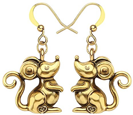 DUOWEI Cute Mouse Rat Earrings for Women Girls Antique Gold Silver Plating Rat Dangle gold