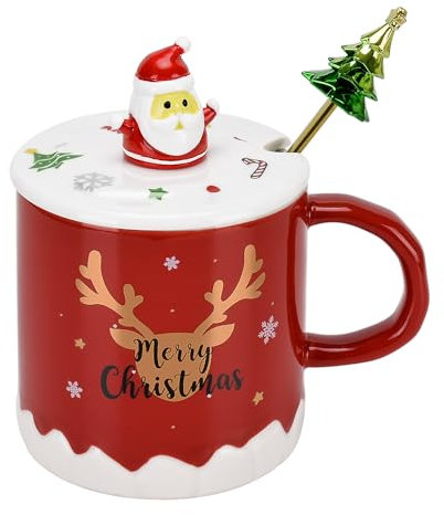 XinHuiGY Tasse à café de Noël, Tasses à thé en céramique Père Noël avec couvercle 3D et cuillère, 14OZ Nouveautés tasses pour cadeau de Noël pour femme Hommes filles garçons (Rouge)