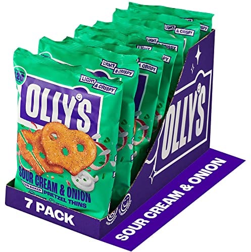 Olly's Pretzel Thins, Sour Cream, 140g (Pack of 7), Bigger Sharing Bag, Healthy Plant-Based Vegan Snacks for Dipping, Low Calorie Snacks, Low Fat, Source of Fibre, No Preservatives