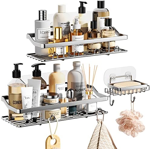 HapiRm 3 Pack Shower Caddy Rust-Free, Shower Shelf No Drilling with Soap Holder, Bathroom Caddy with Hooks, Self Adhesive Bathroom Accessories for Shower Bottles, Razors