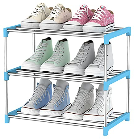 MIAOZHANG Schuhregal Stapelbares Schuhablage Kunststoff Metall Schuhschränke Flur Schuhaufbewahrung Platzsparend Organizer Für Eingangsbereich Wohnzimmer,Blau,3 Floors