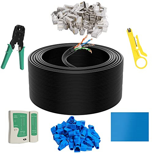 Cat6 Outdoor Ethernet Cable 500 FT with Tool Kit, Heavy Duty Network Internet DIY Bulk Cord, Support Cat 6 Cat5e Cat5, UTP, CCA, Waterproof, PVC & LLDPE UV Double Jackets, in Wall, Direct Burial, POE