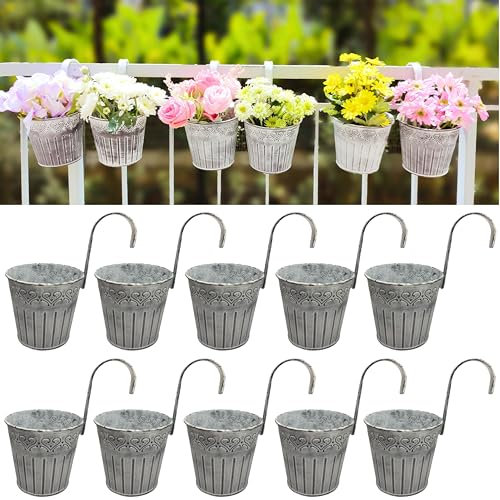 Fence Planters for Outdoor Plants - 10 Pack, 6 Inch Balcony Planters Railing Hanging, Galvanized Metal Flower Succulent Pots for Rail Wall, Farmhouse Garden Rustic Deck Porch, Maceteros para Balcon