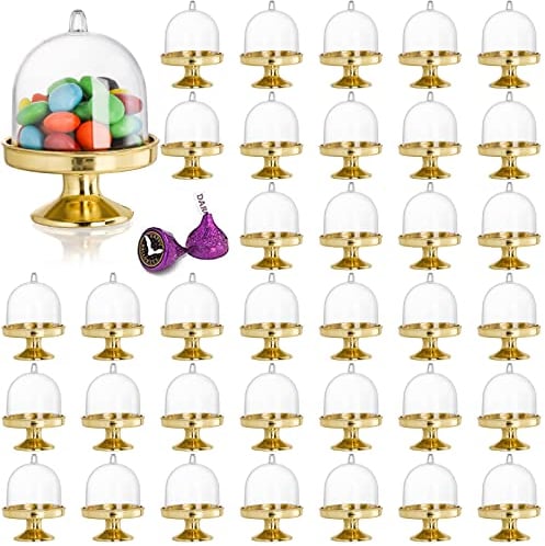 Okllen 36er-Pack Mini Kuchenständer mit Deckel, Kunststoff Cupcake Teller Kuppelabdeckung, Kuchenständer für Schokolade, Dessert, Hochzeit, Geburtstag, Babyparty, Teeparty Zubehör, Gold