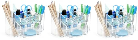 Osco Clear Acrylic Desk Organiser with Drawer, 6-Compartment Stationery Holder & Pen Pot, Desk Tidy Storage Box for Home Office, Makeup Brush & Cosmetic Organiser, H10.5 × W23 × D12 cm, 3 Pack