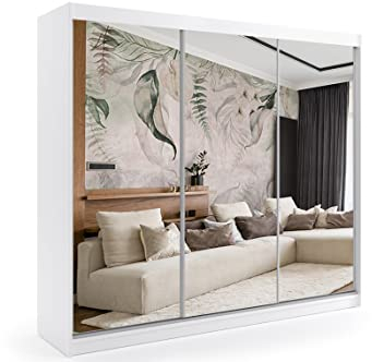 ALTDECOR Kleiderschrank mit Spiegel und Schiebetüren, kugelgelagerte Führungsschienen und Aluminium-Leisten - DEBI - 180 cm Weiß