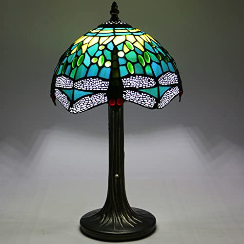 BOTOWI Tiffany Lampe Buntglas Lampe Vintage Tischlampe Blaue Lampe Lila Lampe Libelle Lampe Lesen Nachttischlampe für Wohnzimmer Schlafzimmer Büro, Rot Orange Gelber Schirm, 10 B x 14 H,Gelb