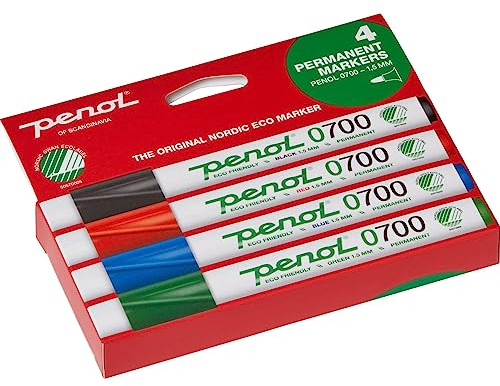 PENOL Permanentmarkerstifte, 4 Marker stifte Mehrfarbig 0700, 1.5 mm Rundspitze Farbstifte mit Nordic Swan Ecolabel, Schnell Trocknende und Lichtbestandige Tinte auf Alkoholbasis