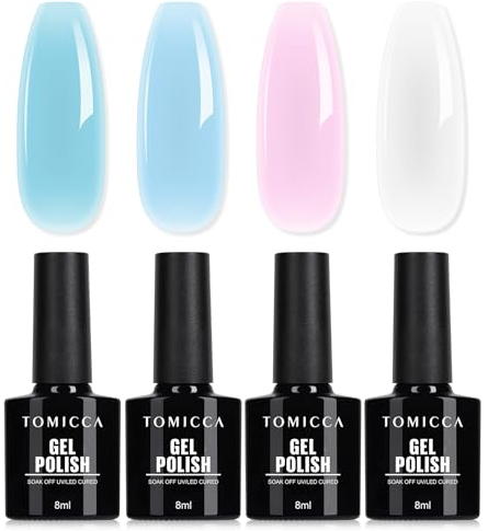 TOMICCA UV Nagellack Set, 4 Farben Transparenter Weiß Rose Blau Frühling/Sommer Gel Nagelfarben, UV Lampe Soak-Off UV/LED Schellack Nagellack, für Nagelstudio und DIY Maniküre zu Hause, 8ML