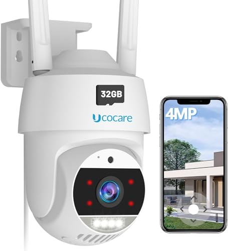 4MP Telecamera WiFi Esterno con Scheda 32GB (1 Pezzi), UCOCARE 360° Tracciamento Automatico Videocamera con Registrazione 24/7, 35m Visione Notturna Colori, Rilevamento Umano, IP67, Supporta Alexa