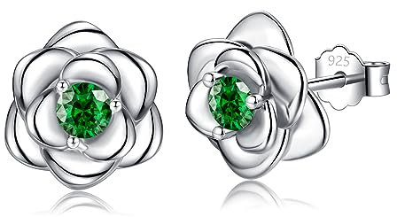 Sterling Silver Stud Earrings for Women, Silver Flower Green Cubic Zirconia Hypoallergenic Helix Cartilage Earrings Jewelry Gifts for Girls