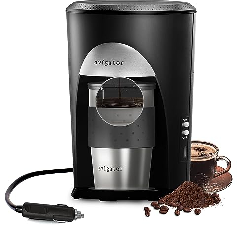 avigator Cafetière portable, 12 V, machine à café de voyage compatible avec prise allume-cigare de voiture, arrêt automatique, cafetière moulue pour conduite, camping et camping-car (noir argenté)