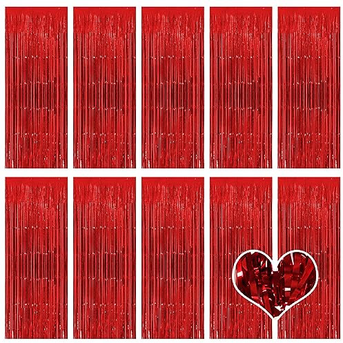 Ohiyoo 10 Stück Rot Lametta Vorhänge 1 x 2.5M Tinsel Curtain Folien Fransen Metallic Lametta Vorhange Rot für Geburtstag Partydekor Verlobung Hochzeit Weihnachten Neujahr Dekoration (Rot)