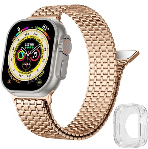 Upeak Bracelet en Acier Inoxydable Compatible avec Bracelet Apple Watch 40mm 38mm 41mm 42mm 44mm 45mm 49mm, Band à Boucle Magnétique en Métal avec Coque (Or Rose, 49mm)