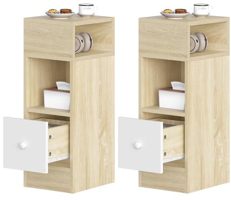 eSituro Set of 2 Narrow Bedside Tables with 2 Open Compartments 1 Drawer, Slim Nightstand 25x30x66 cm, Space Saving Cabinet Night Table for Bedroom Living Room, Wooden, SBT0002-2