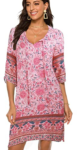 BDTECAOR Frauen Sommer Kleid Kurze 3/4 Ärmel Lockere Casual Boho Kleider für Urlaub Outfits Rosa L