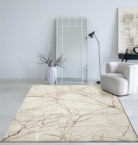 Mia's Teppiche Cielo Moderner Dichter Kurzflor Teppich, Wohnzimmer, Schlafzimmer, Eleganter Glanz, Glanzfaser, Hoch-Tief Effekt, Feder, Creme, 200 x 290 cm