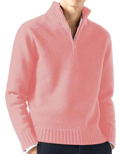 Bivoo Maglione da Uomo in Cashmere con Cerniera,Felpe Pullover in Lana Casual a Tinta Unita a Manica Lunga,Maglione con Zip da Uomo (XX-Large,Rosa)