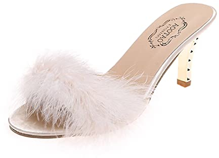 Gadget Zapatos Mujer Pantuflas Grandes Sólidas Sandalias de Tacón Alto y Tacón Mujeres Decoración de Color Felpa Tamaño de Moda Sandalias Mujeres Zapatos Ortopédicos Mujer Abierta, beige, 39 EU