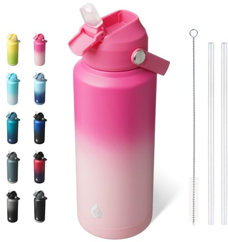BJPKPK Water Bottle with Straw Lid, 32oz Vacuum Insulated Water Bottles, Metal Stainless Steel Thermos for Sports, Travel, BPA Free Leak Proof Thermos, Cups, Flasks, Tumblers,Cherry