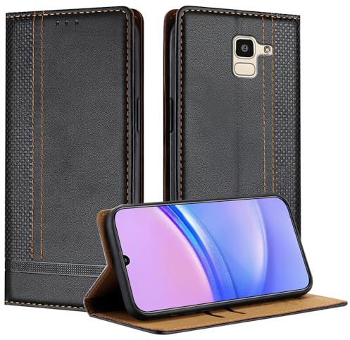 Mo-Beauty Handyhülle für Samsung Galaxy J6 2018, PU Leder Flip Klappbare für Samsung J6 2018 mit Standfunktion Kartenfächer Magnet Hülle (Schwarz)