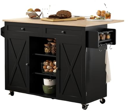 GLigeT Küchenwagen Kücheninsel auf Rädern, Kücheninselwagen mit ausklappbarer Arbeitsplatte, Kücheninseltisch mit Scheunentür und Stauraum Kücheninsel(Schwarz)