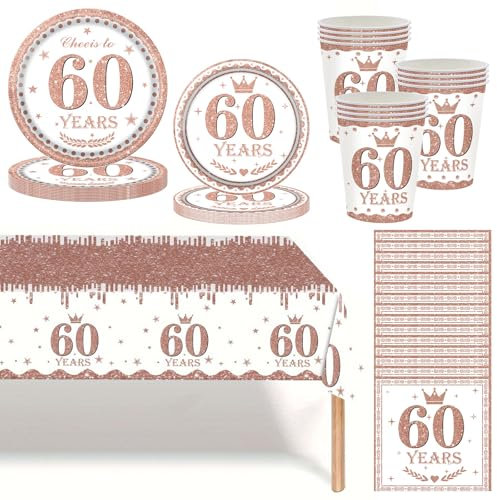 Rose Gold 60th Birthday Party Tableware Set,69pcs 60th Birthday Dinnerware Rosegold Party Paper Plates Cups Napkins and Tablecloth for 60 Years Old Lady Birthday Gifts Party Supplies Table Décor