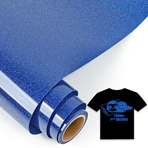 IModeur Glitter Dark Blue Iron on Vinyl — 30.5 x 153 cm Heat Transfer Vinyl for Fabric, PET Backing Blue Vinyl for T-Shirts, Clothes, Hats, Bags and Other Textiles, HTV Vinyl Roll Easy to Weed