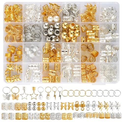 320 Stück Dreadlocks Schmuck, Verstellbar Metall Haarringe, Haarschmuck Gold und Silber, Braids Schmuck mit Aufbewahrungsbox für Männer und Frauen Zöpfe Dekoration